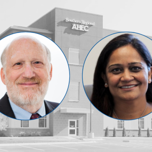 Background: Southern Regional AHEC building. Foreground: Marvin Swartz and Sushma Kapoor headshots. Duke 100 logo.