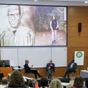 Beverley Abel, podcast producer with Jeffrey Baker, MD, PhD , and Damon Tweedy, MD, presenting their Unhealed podcast.