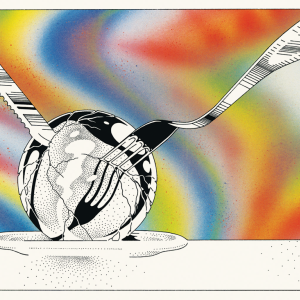 Utensils cutting into medal sphere with colorful background