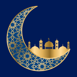 Dark blue background. Gold crescent moon filled with geometric design. Illustration of mosque in bottom curve of moon.