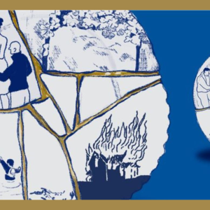 Illustration reminiscent of kintsugi, the art of mending broken pottery with gold.