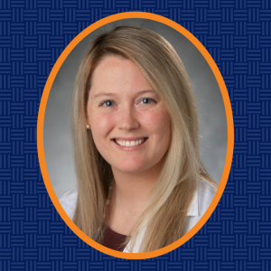 Photo of Jessica Lunsford-Avery in oval-shaped frame on dark blue background.